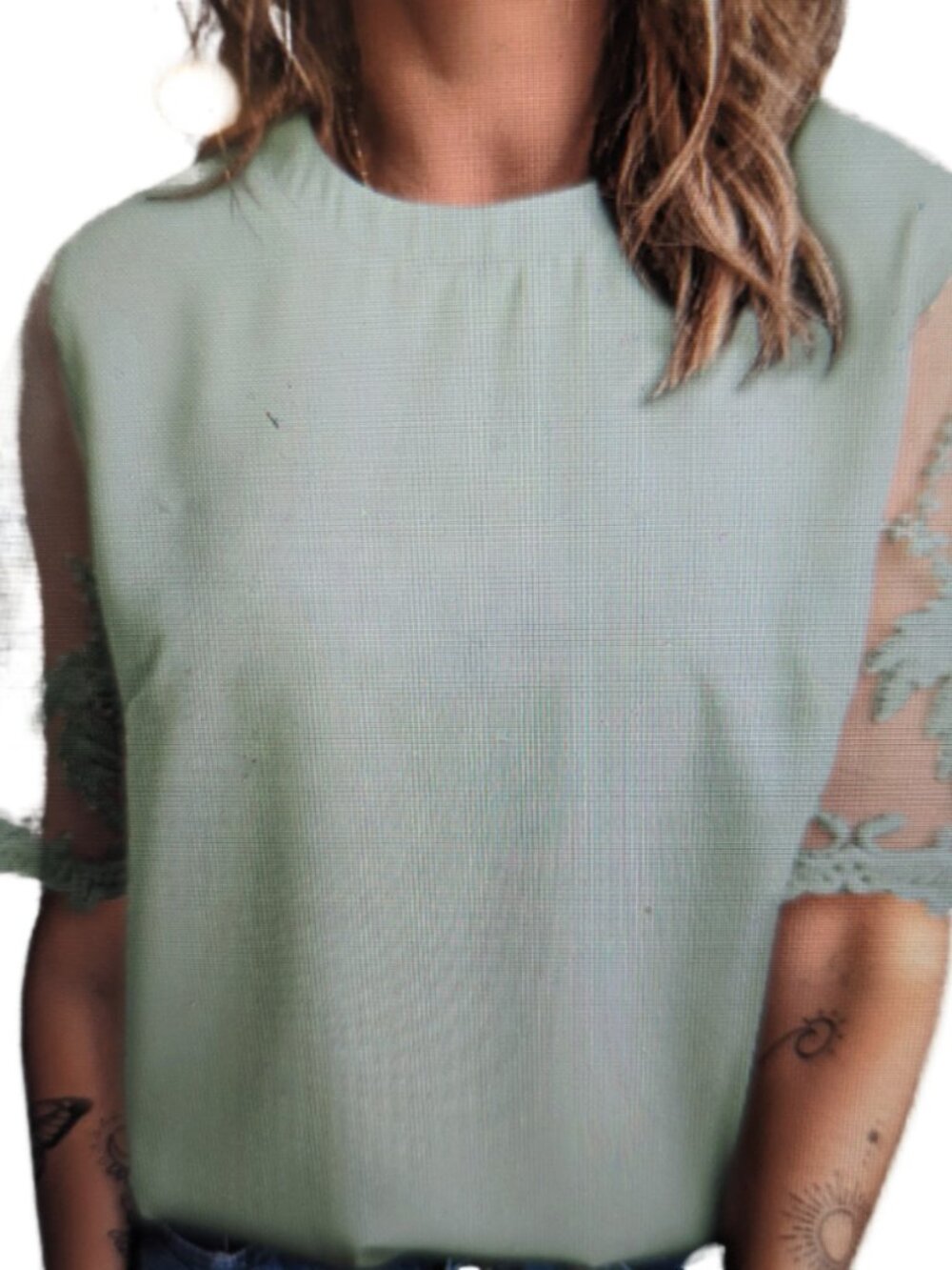 Plus Size Sage Green Blouse with Lace Sleeves